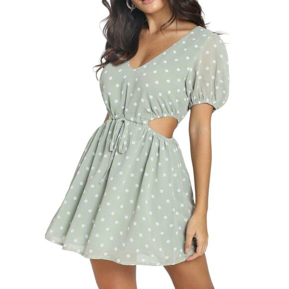 iNTO | NWT | Size 10 | Sage Green with White Dots Guinevere Cut-Out Mini Dress - Picture 1 of 8